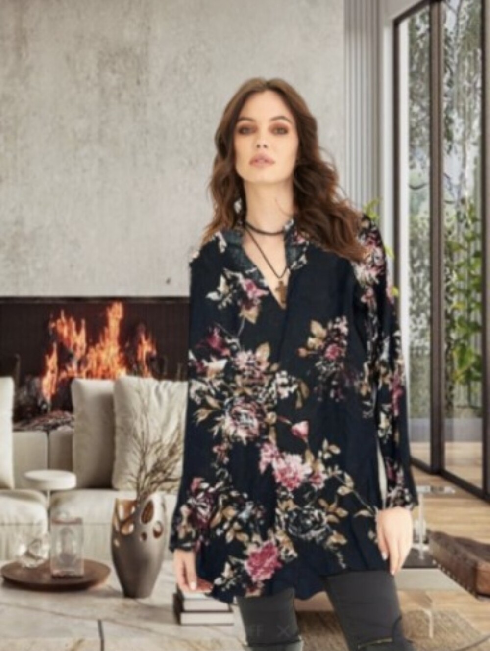 Floral Black Sleeveless Tunic Dress